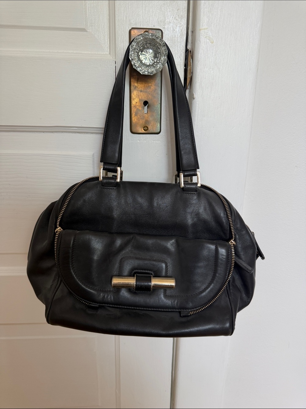 Jimmy Choo Black Leather Satchel Handbag with Gold Accent